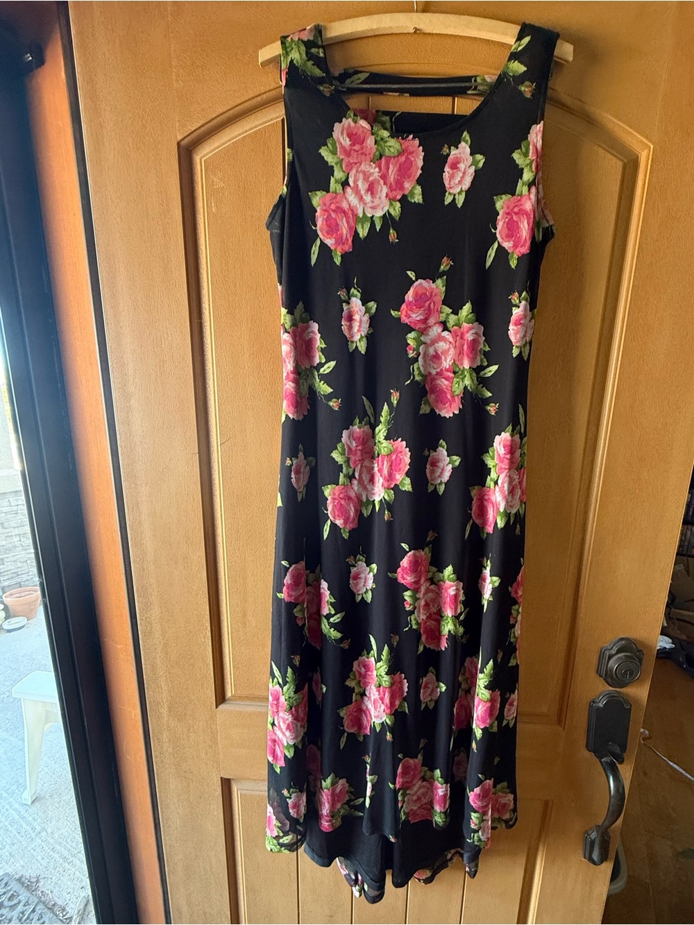 Vintage 90s Nina Leonard Black Pink Rose Floral Maxi high/low Dress Strappy Back